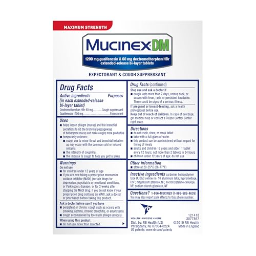 Mucinex DM 12Hr Maximum Strength Chest Congestion & Cough Medicine For Adults, Cold And Cough Medicine for Excess Mucus Relief, 1200 mg Guaifenesin & 60 mg Dextromethorphan HBr, 28 Bi-Layer Tablets