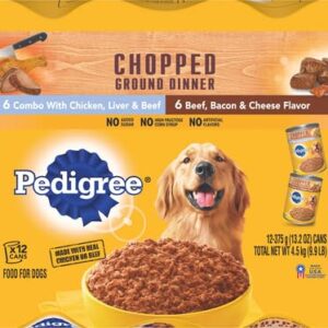 Pedigree Ground Dinner Wet Dog Food Variety Pack, Chicken, Beef and Liver, Beef, Bacon and Cheese, 13.2 Ounce (Pack of 12)