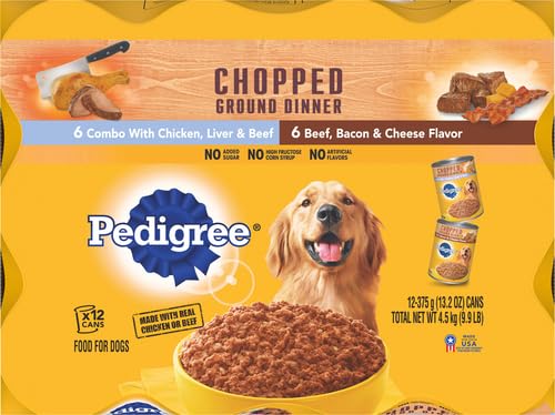 Pedigree Ground Dinner Wet Dog Food Variety Pack, Chicken, Beef and Liver, Beef, Bacon and Cheese, 13.2 Ounce (Pack of 12)