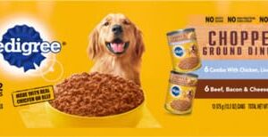 Pedigree Ground Dinner Wet Dog Food Variety Pack, Chicken, Beef and Liver, Beef, Bacon and Cheese, 13.2 Ounce (Pack of 12)