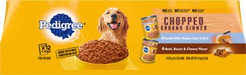 Pedigree Ground Dinner Wet Dog Food Variety Pack, Chicken, Beef and Liver, Beef, Bacon and Cheese, 13.2 Ounce (Pack of 12)