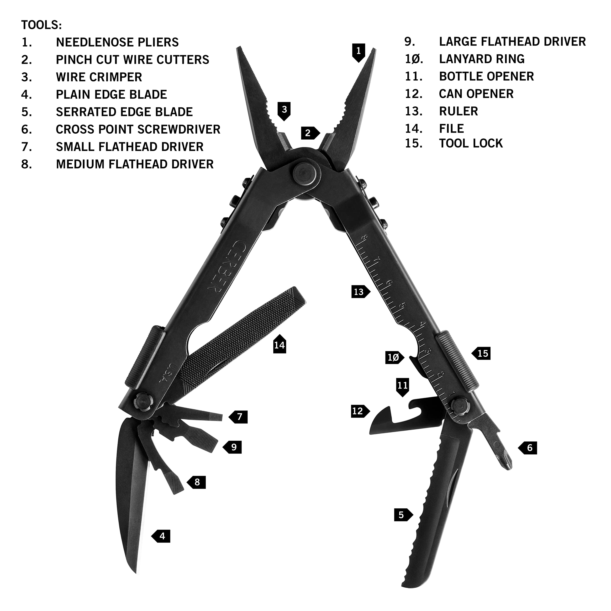 Gerber Gear Multi-Plier 600 Needle Nose Pliers Set Multi-Tool - 14-in-1 EDC Gear Multi-Tool Knife with Protective Sheath - Survival Gear and Equipment - Black