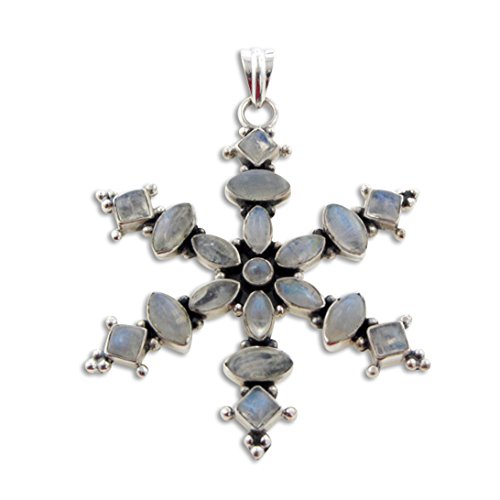 Huge Stunning Sterling Silver Genuine Rainbow Moonstone Snowflake Pendant