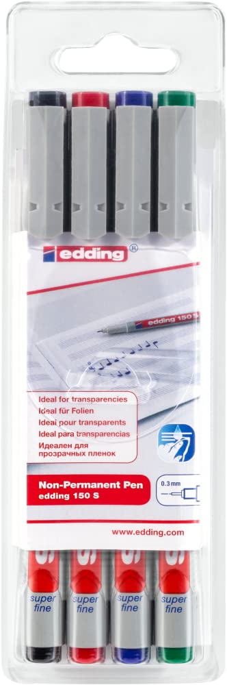 Edding 150 S non-permanent pen - set of 4 - black, red, blue, green - round nib 0.3 mm - pen for writing on glass, plastic, foils and smooth surfaces - quick-drying, can be corrected with water