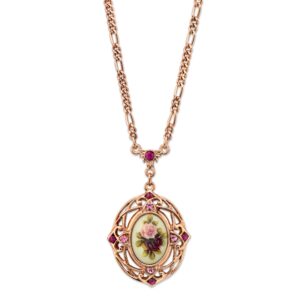 1928 Jewelry Women's Rose Gold Tone Manor House Rose Purple Crystal Flower Pendant Necklace 28"