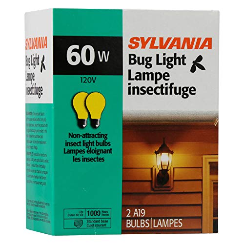 SYLVANIA A19 Incandescent Bulb, Medium Base, Yellow Bug Light, 60W, 2850K, 2 Pack