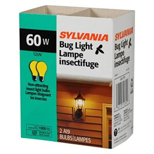 SYLVANIA A19 Incandescent Bulb, Medium Base, Yellow Bug Light, 60W, 2850K, 2 Pack