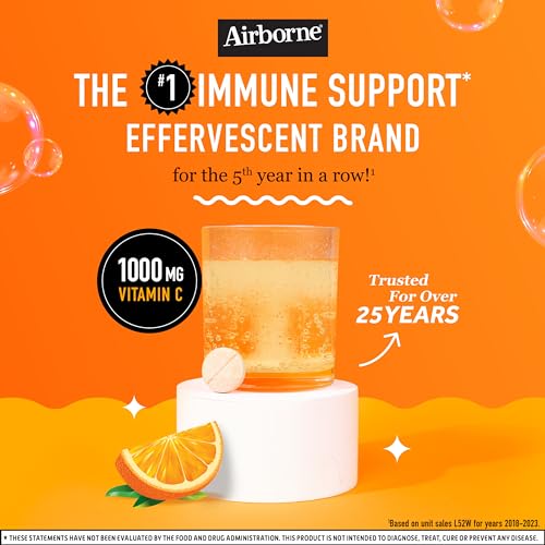 Airborne 1000mg Vitamin C with Zinc, SUGAR FREE Effervescent Tablets, Immune Support Supplement with Powerful Antioxidants Vitamins A C & E - 30 Fizzy Drink Tablets, Zesty Orange Flavor