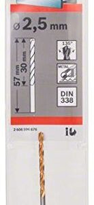 Bosch 2608596676 DIN338 Metal HSS-Tin Drill Bit, 2.5mm x 30mm x 57mm