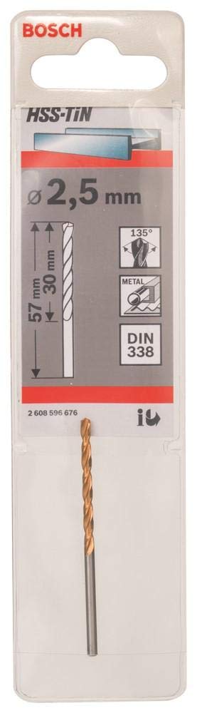 Bosch 2608596676 DIN338 Metal HSS-Tin Drill Bit, 2.5mm x 30mm x 57mm