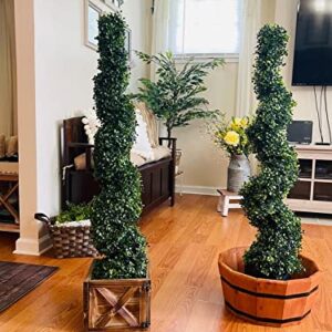 Two 4 Foot Outdoor Artificial Boxwood Spiral Topiary Trees UV Rated Plants