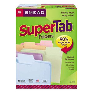 Smead SuperTab File Folder, Oversized 1/3-Cut Tab, Letter Size, Assorted Pastel Colors, 100 per Box (11961)