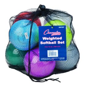 champion sports weighted training softball set - rubber cork core - leather cover - set of 8 balls - graduated weights - 5 to 12 oz - 12 inch diameter