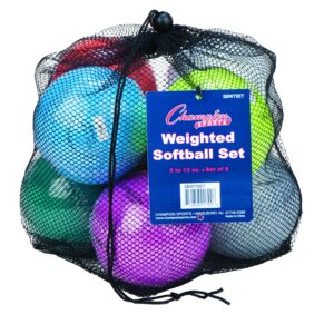 Champion Sports Weighted Training Softball Set - Rubber Cork Core - Leather Cover - Set of 8 Balls - Graduated Weights - 5 to 12 oz - 12 Inch Diameter