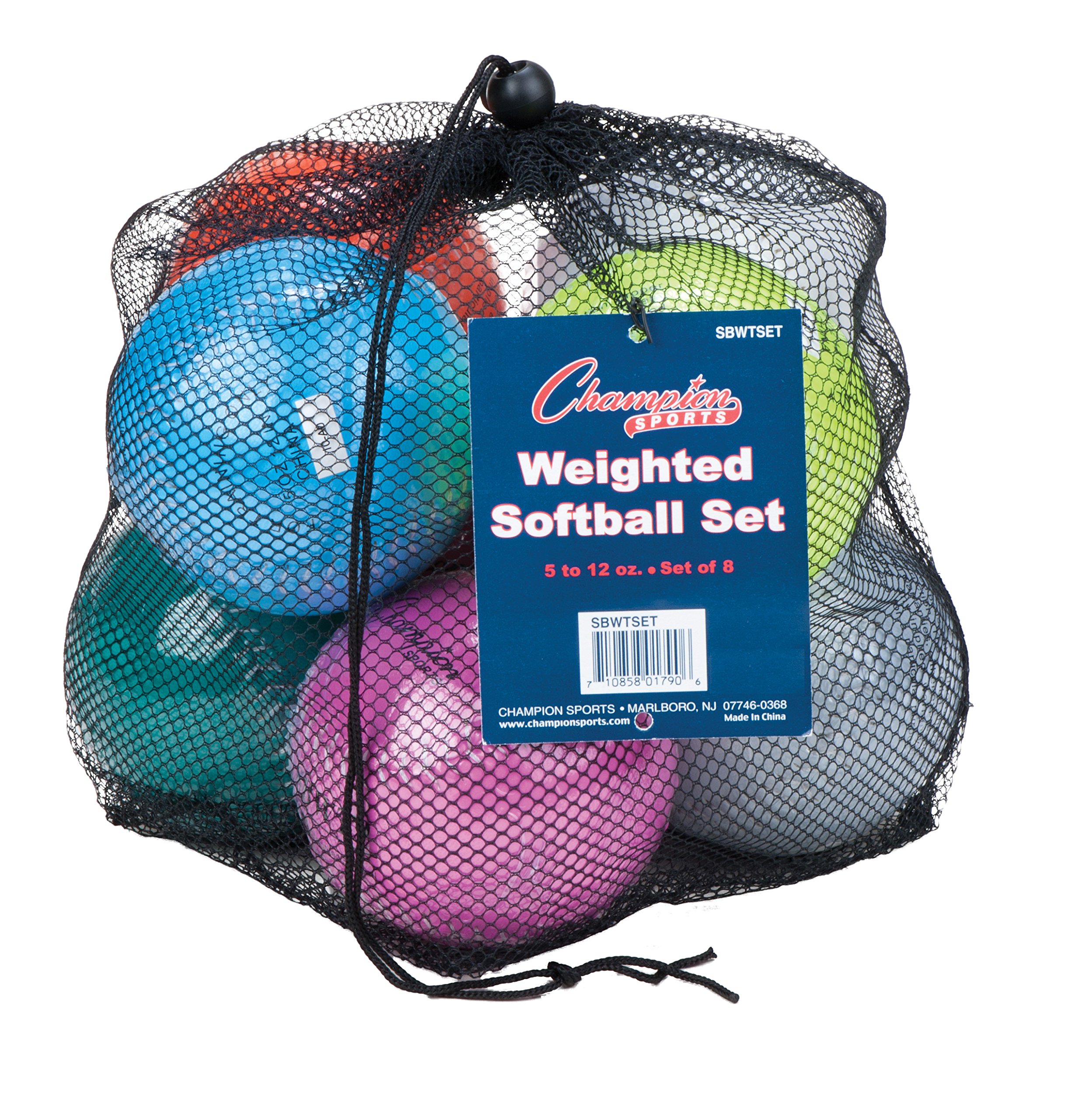 Champion Sports Weighted Training Softball Set - Rubber Cork Core - Leather Cover - Set of 8 Balls - Graduated Weights - 5 to 12 oz - 12 Inch Diameter