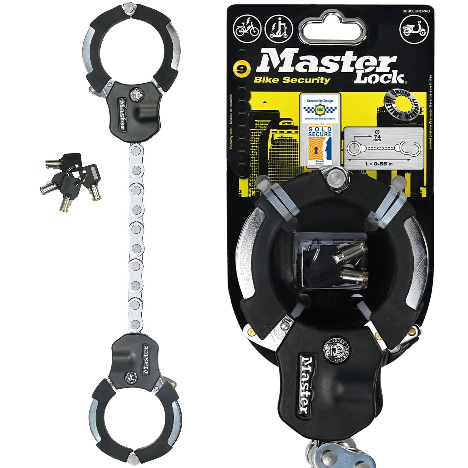 MASTER LOCK Police Approved Bike Lock and E-Scooter Lock, Hardened Laminated Steel, 4 Keys, 550 x 76 x 27 mm, for e bike scooter quad