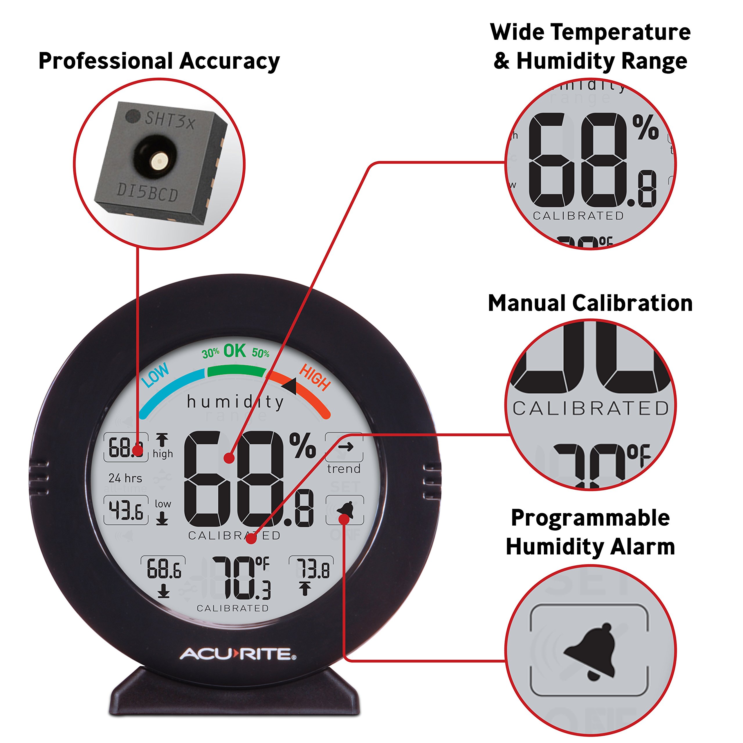 AcuRite 01080M Pro Accuracy Temperature and Humidity Gauge with Alarms, Black