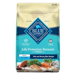 blue buffalo life protection formula adult dry dog food, helps build and maintain strong muscles, made with natural ingredients, fish & brown rice recipe, 30-lb. bag