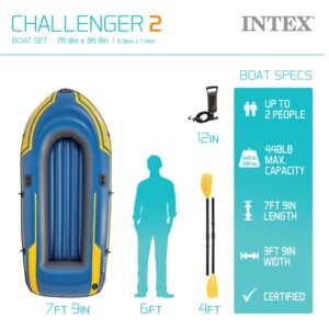 Intex 68367EP Challenger 2 Inflatable Boat Set: Includes Deluxe 48in Boat Oars and High-Output Pump – Triple Air Chambers – Welded Oar Locks – 2-Person – 440lb Weight Capacity