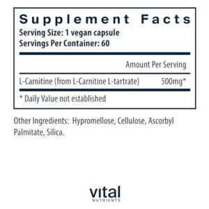 Vital Nutrients - Carnitine - Cardiovascular and Fat Metabolism Support - L-Carnitine Supplement - Heart Health Support - Supports Fatty Acid Transport - 60 Vegetarian Capsules per Bottle - 500 mg