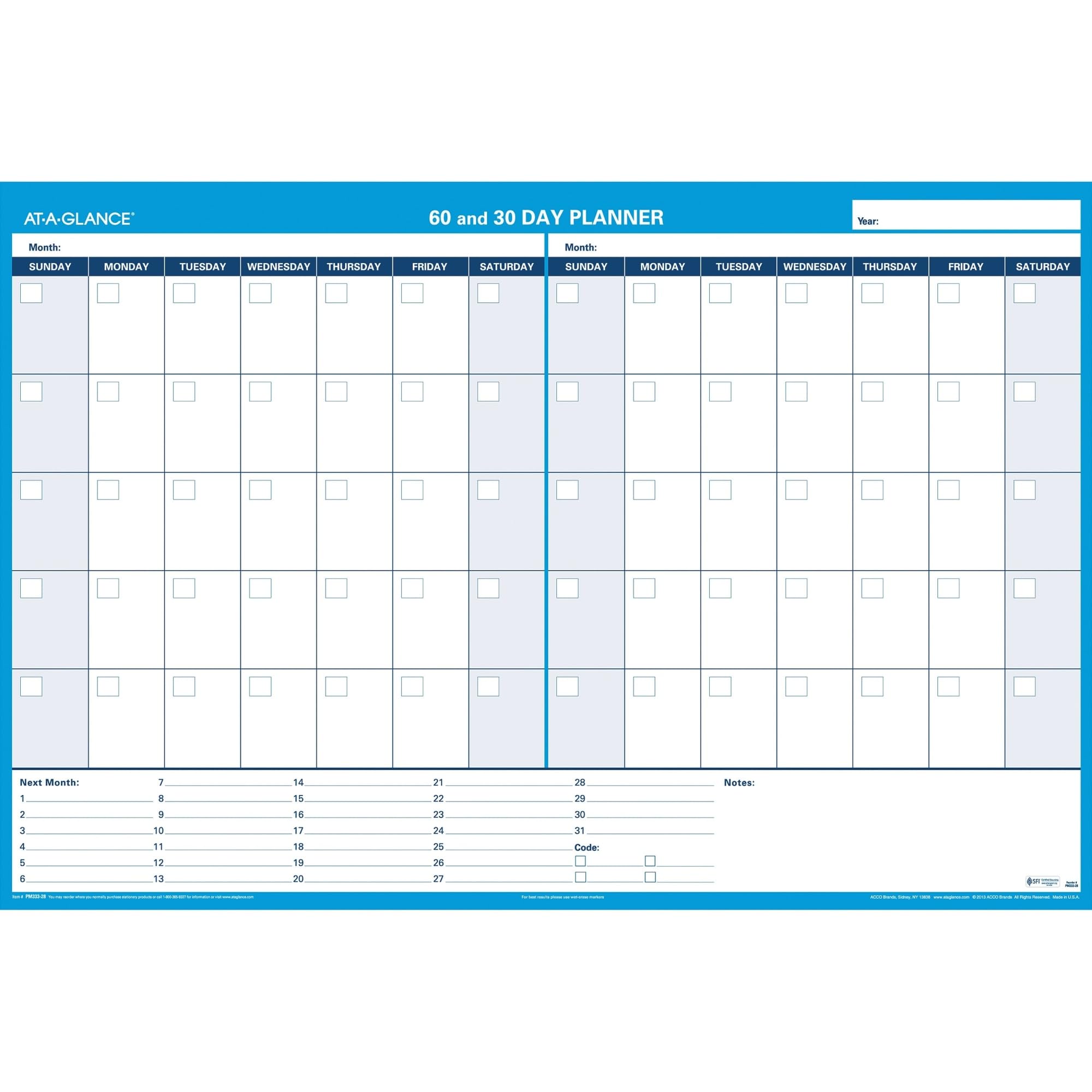 AT-A-GLANCE PM33328 30/60-Day Undated Horizontal Erasable Wall Planner, 48 x 32, White/Blue,