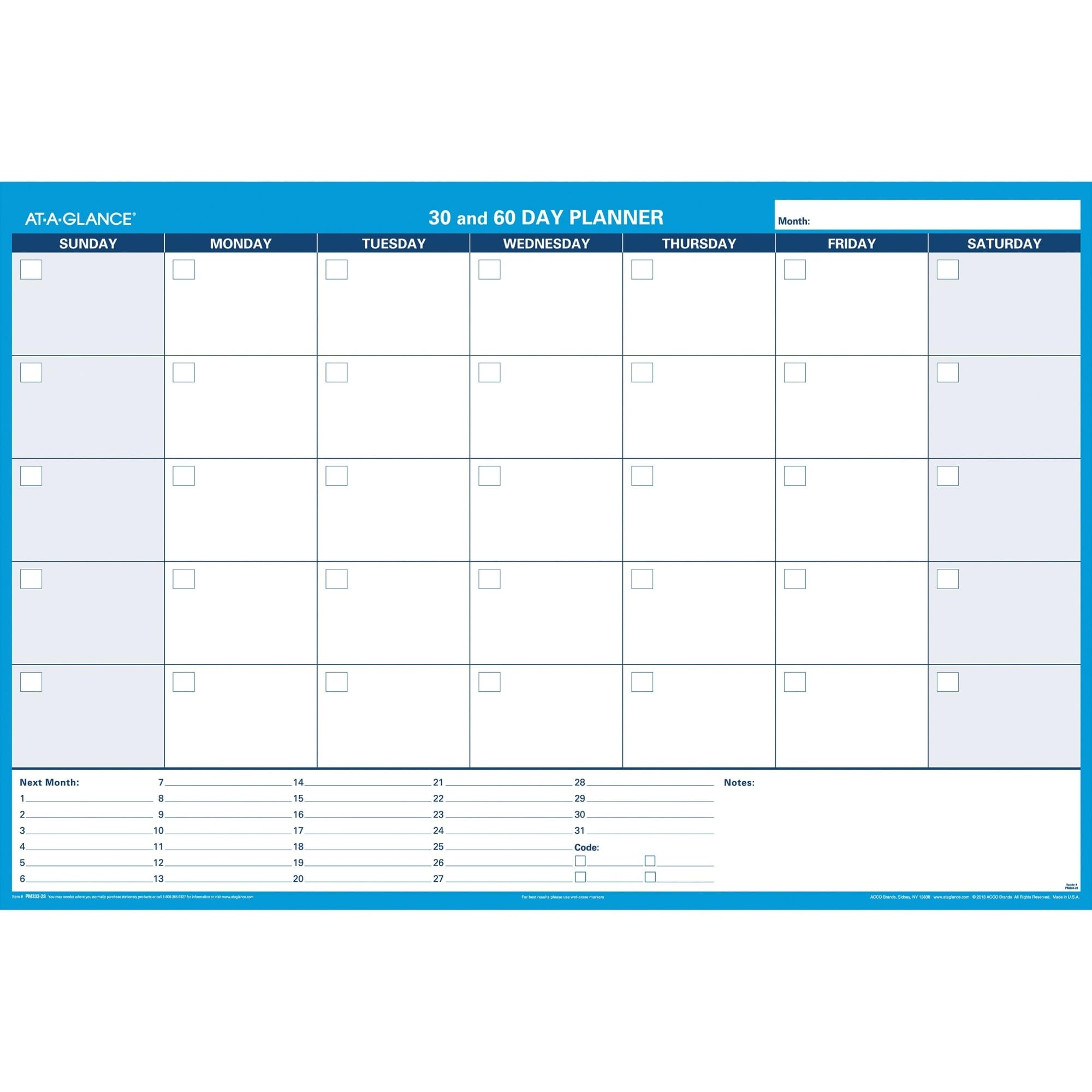 AT-A-GLANCE PM33328 30/60-Day Undated Horizontal Erasable Wall Planner, 48 x 32, White/Blue,