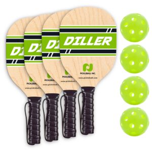 Pickle-Ball, Inc. Diller Pickleball Set with 3.0 Portable Tournament Net and Carry Bag, Diller Paddles, Pickleballs, Rule Sheet (Neon Balls)