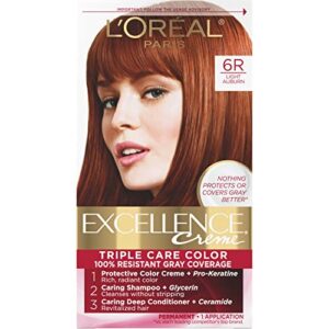 l'oreal paris excellence creme permanent triple care hair color, 6r light auburn, gray coverage for up to 8 weeks, all hair types, pack of 1