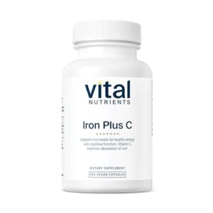 vital nutrients iron plus vitamin c | vegan iron supplement | 20mg iron with vitamin c to increase iron and energy levels | gluten, dairy and soy free | non-gmo | 100 capsules