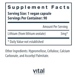 Vital Nutrients Lithium Orotate | Vegan Lithium Supplements for Memory, State of Mind, and Behavioral Health*| 5mg | Gluten, Dairy, Soy Free | 90 Capsules