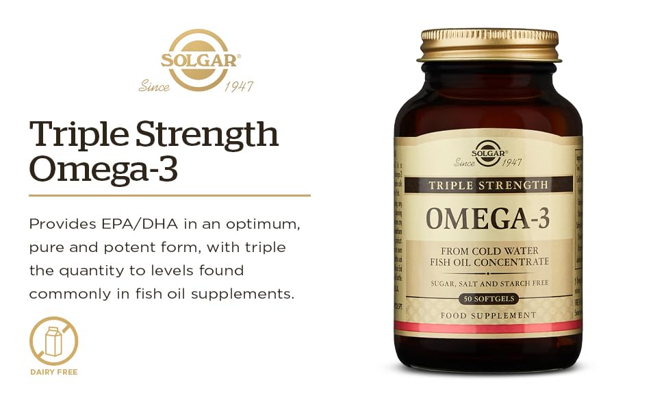 SOLGAR Triple Strength Omega 3 950 mg - 50 Softgels - Supports Joint & Skin Health - Non-GMO, Gluten Free, Dairy Free - 50 Servings