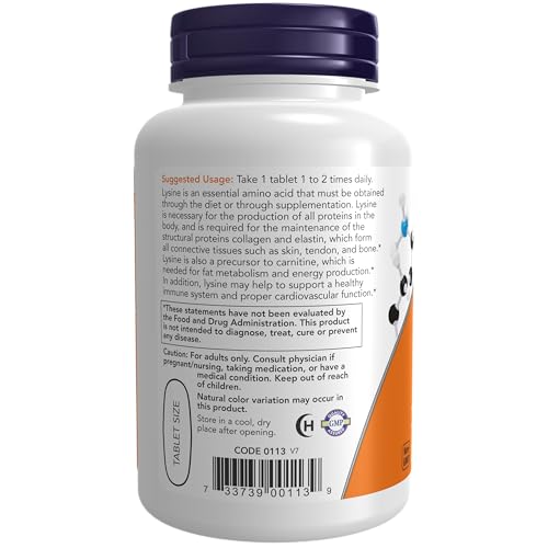 NOW Supplements, (L-Lysine Hydrochloride) 1,000 mg, Double Strength, Amino Acid, 100 Tablets