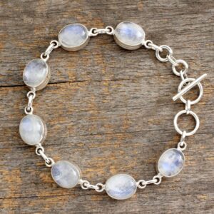 NOVICA Artisan Handmade Rainbow Moonstone Link Bracelet Sterling Silver White India Birthstone [7 in min L x 7.75 in max L 8 mm W] ' Mysteries'