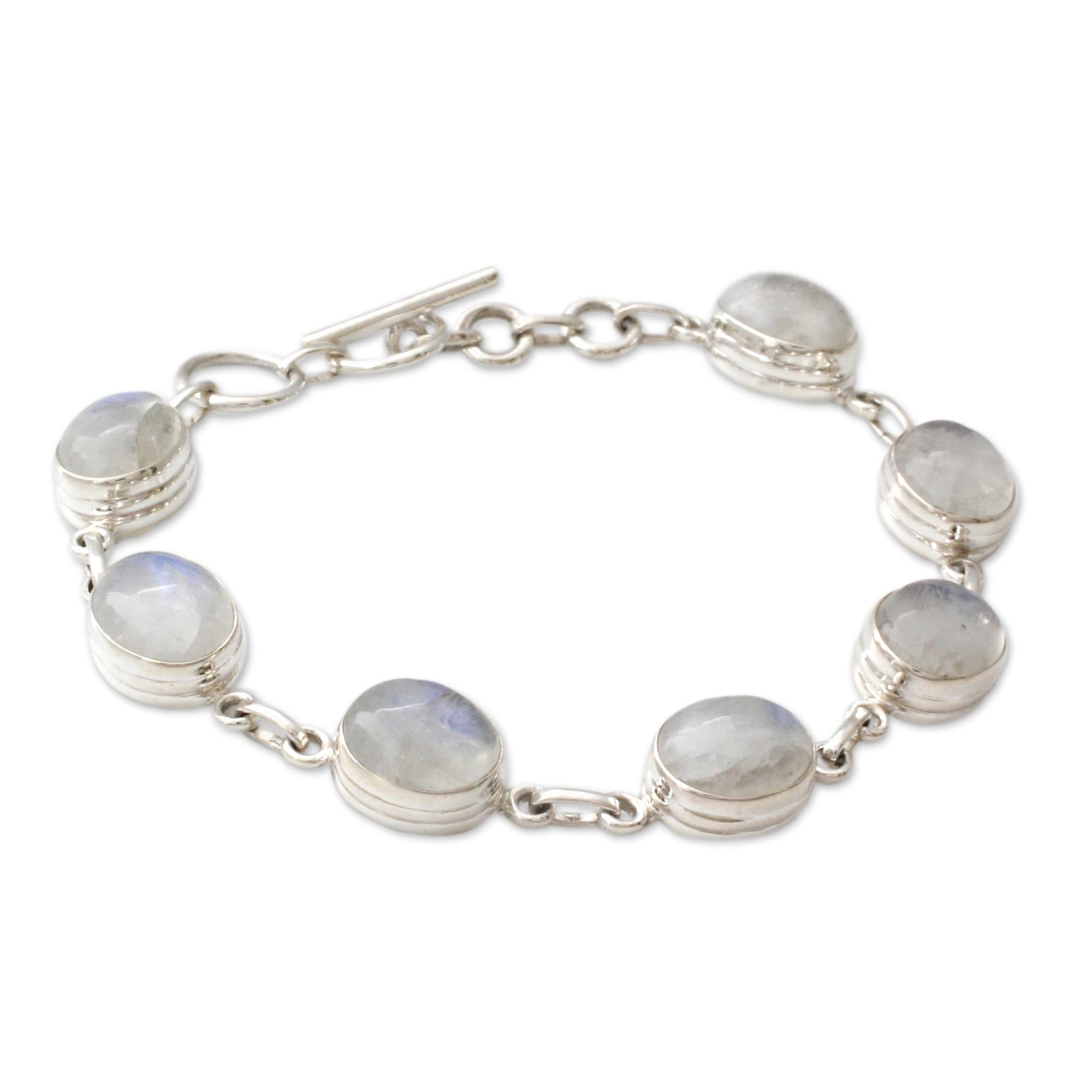 NOVICA Artisan Handmade Rainbow Moonstone Link Bracelet Sterling Silver White India Birthstone [7 in min L x 7.75 in max L 8 mm W] ' Mysteries'