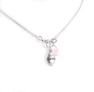 breast cancer"survivor" oval sterling charm & crystal drop front clasp necklace, 18"