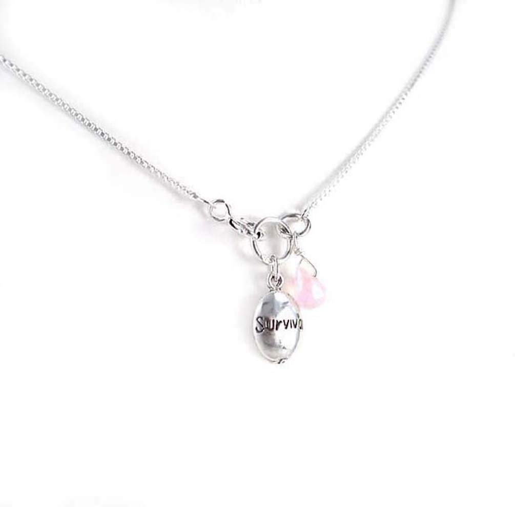 Breast Cancer"Survivor" Oval Sterling Charm & Crystal Drop Front Clasp Necklace, 18"