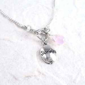 Breast Cancer"Survivor" Oval Sterling Charm & Crystal Drop Front Clasp Necklace, 18"