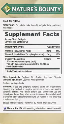 Nature's Bounty Cranberry Dietary Supplement, Supports Urinary Tract and Immune Health, Softgels, 25,200 Mg, 60 Ct