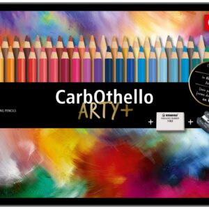 Chalk-Pastel Artist Colored Pencil - STABILO CarbOthello - ARTY+ - Tin Set of 60 Colors + Eraser, Sharpener, Blender - Watercolor Effects, Sketching, Drawing, Coloring