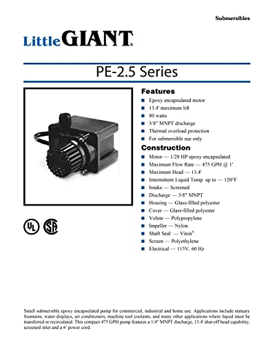 Little Giant PE-2.5F 115 Volt, 1/28 HP, 475 GPH Small Submersible Direct Drive Pump with 6-Ft. Cord, Black, 518600