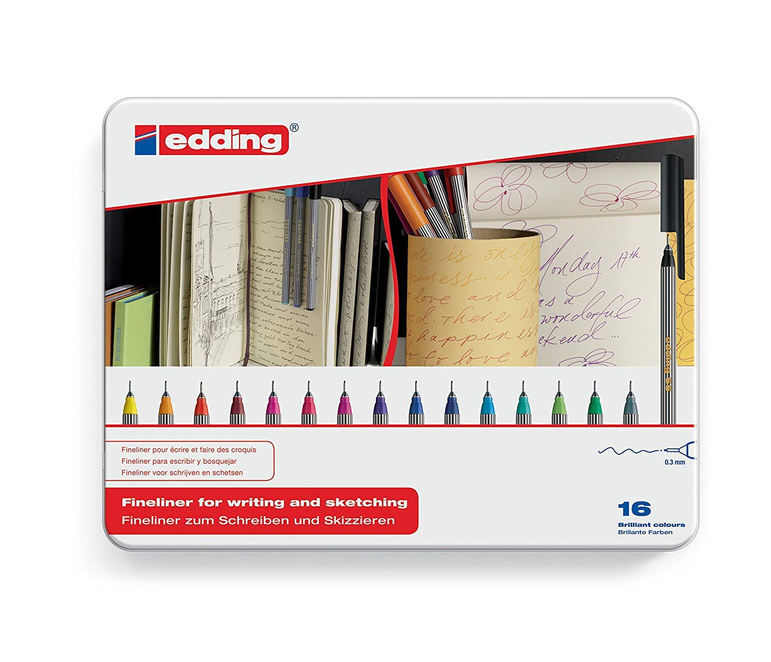 edding 55 - fineliner - set of 16 bright colours - 0.3 mm nib - colour pen for writing, drawing, underlining, illustrating - for children and adults, at school and in the home or office