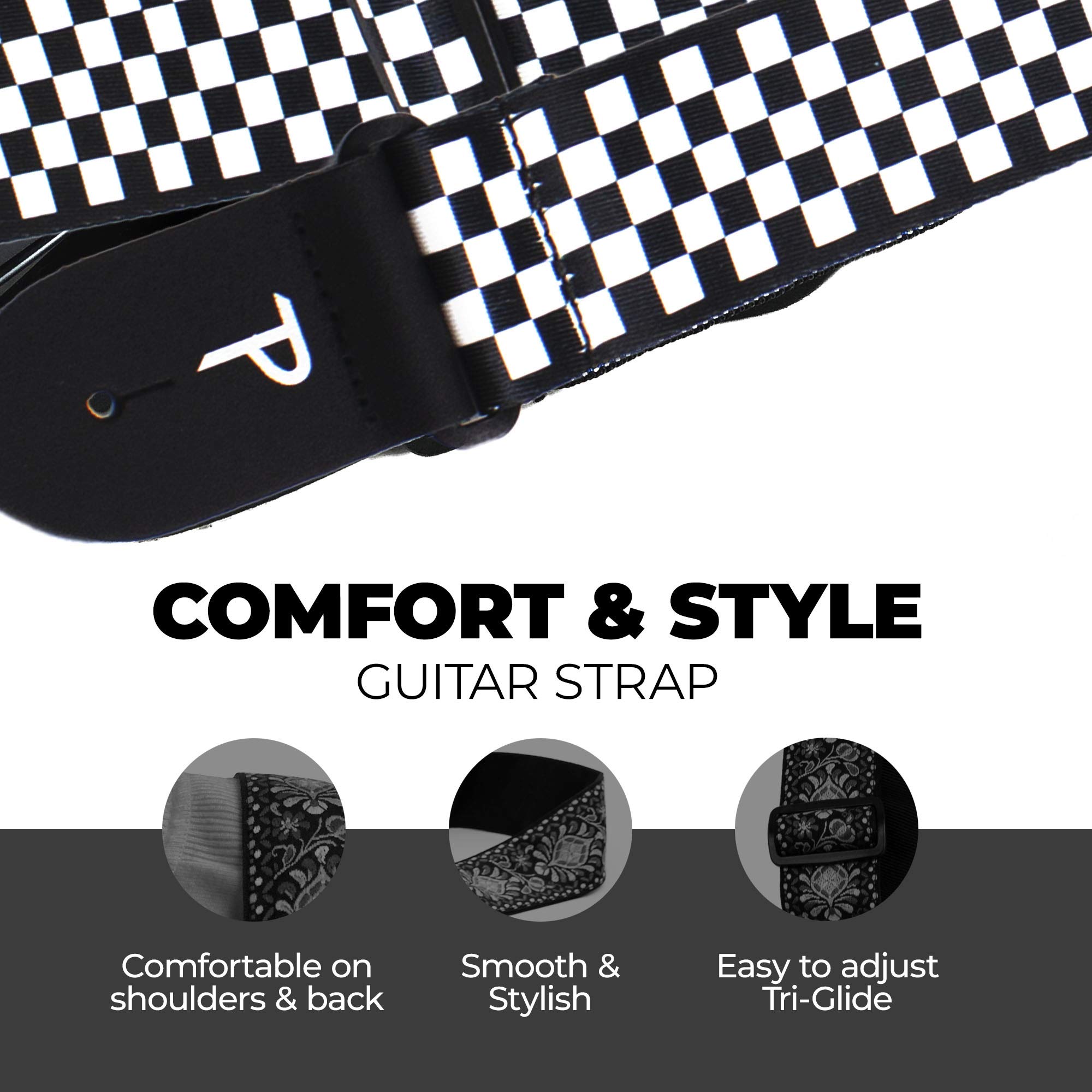 Perri’s Leathers Adjustable Guitar Straps for Kids, Men & Women - Polyester Guitar Strap for Acoustic, Bass and Electric Guitar - Guitar Strap for Punk Lovers - Adjustable Size – Black/White Checkers