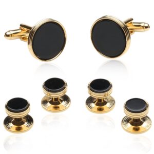 Cuff-Daddy Black Onyx and Gold Tone Cufflinks and Studs with Presentation Idea Box - 5/8" cufflinks, 3/8" studs Black Gold Cufflinks and Studs - Unique Men's Accessories for Wedding