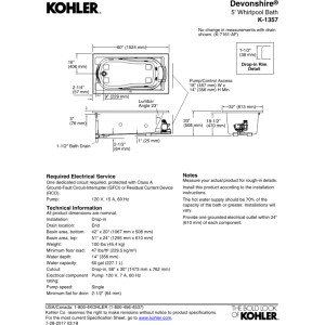 KOHLER 1357-0 Devonshire 60" x 32" Drop-In Whirlpool Bathtub with Reversible Drain, Whirlpool Tub with 8 Adjustable Jets, White