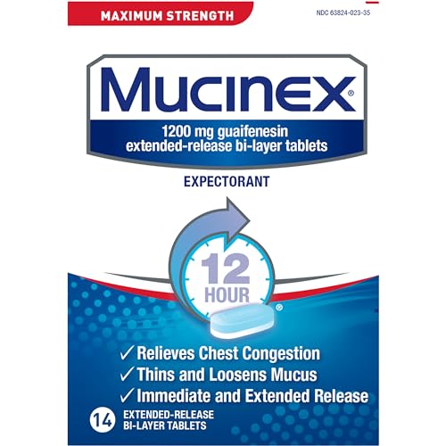 Mucinex 12 Hour Maximum Strength 1200 mg Guaifenesin Extended-Release Tablets for Excess Mucus Relief, Expectorant Aids Excess Mucus Removal, Chest Congestion Relief, 14 Tablets