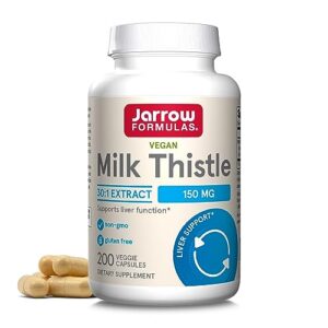 jarrow formulas milk thistle 150 mg with 30:1 standardized silymarin extract, dietary supplement for liver function support, 200 veggie capsules, 66-200 day supply