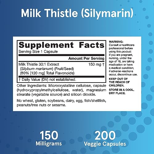 Jarrow Formulas Milk Thistle 150 mg With 30:1 Standardized Silymarin Extract, Dietary Supplement for Liver Function Support, 200 Veggie Capsules, 66-200 Day Supply