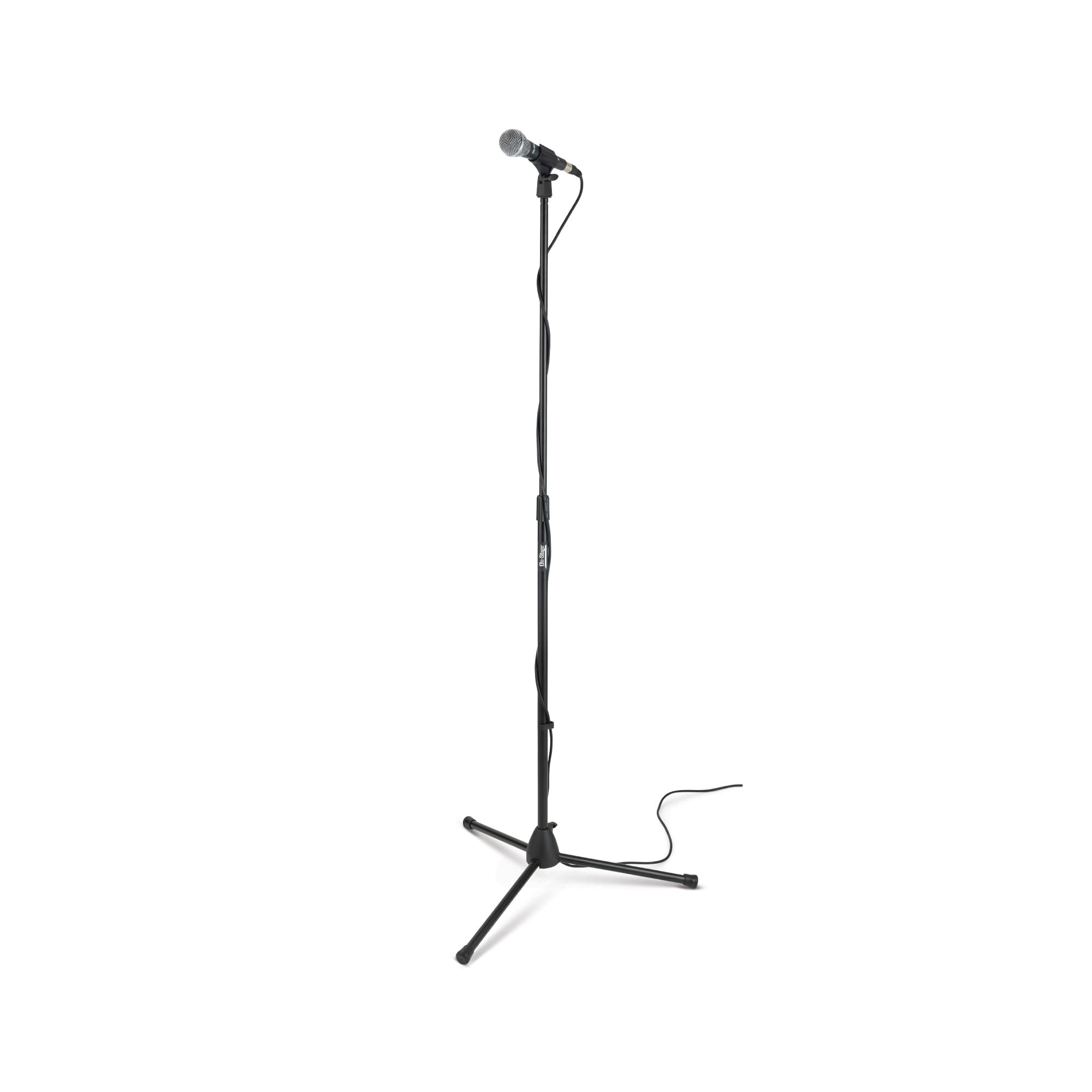 On-Stage MS7700B Tripod-Base Mic Stand (Setup for Vocal and Instrument Microphones, Adjustable Height, 5/8″-27 Threading, Portable, Folding, Nonslip Rubber Feet, Cable Clip, Steel, Black)