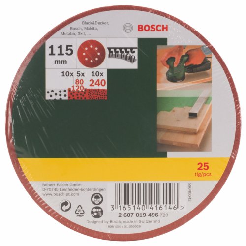 Bosch 2607019496 25 Random Orbit Sanding Sheets, Dia.115mm, 80-240 Grit, Red