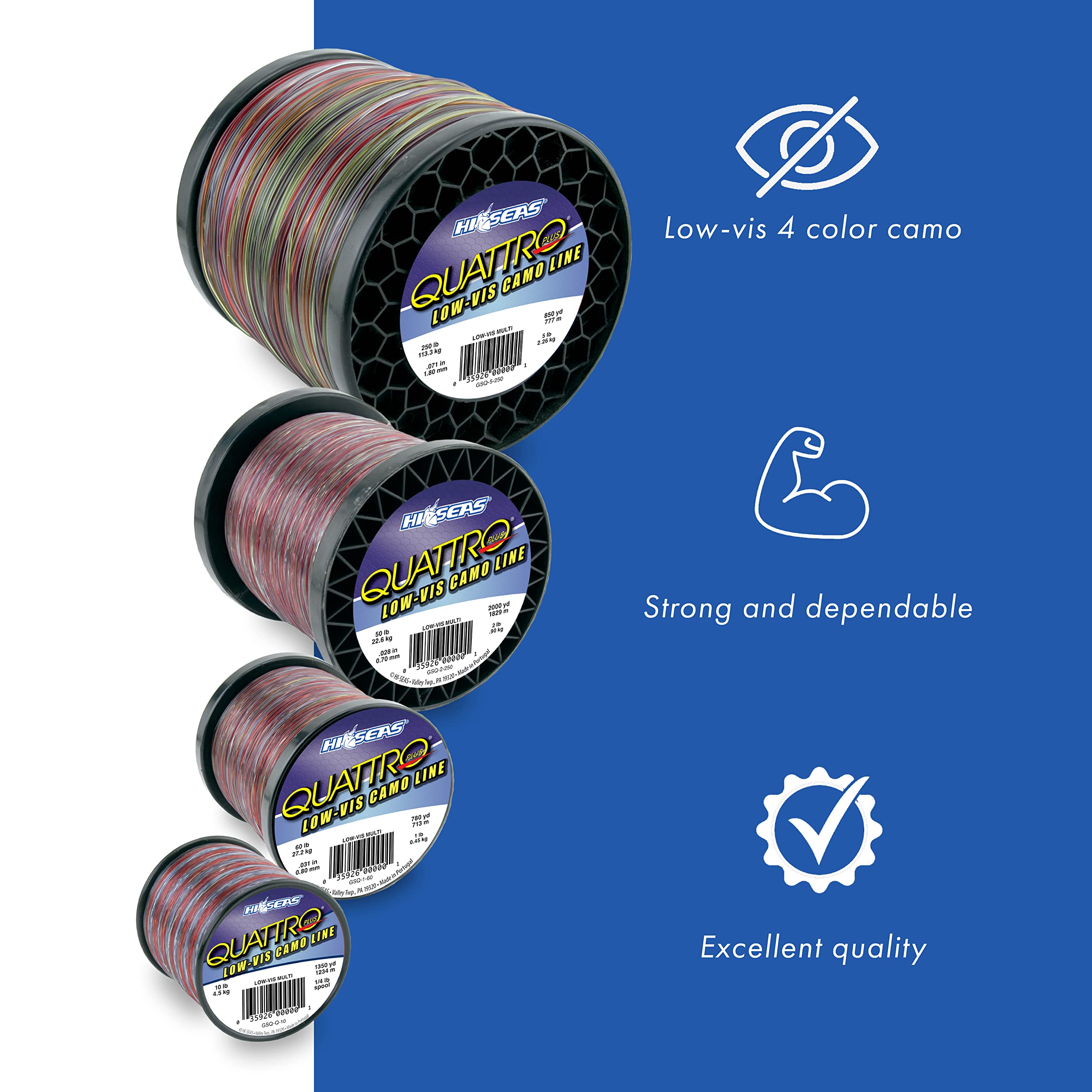 Hi-Seas Quattro Monofilament Line, 30 lb / 11.3 kg Test, 022 in / 0.55 mm Dia, 4-Color Camo, 1600 yd / 1463 m